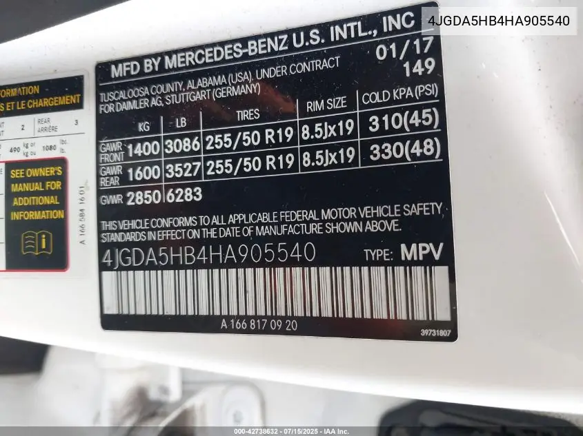 4JGDA5HB4HA905540 2017 Mercedes-Benz Gle 350 4Matic