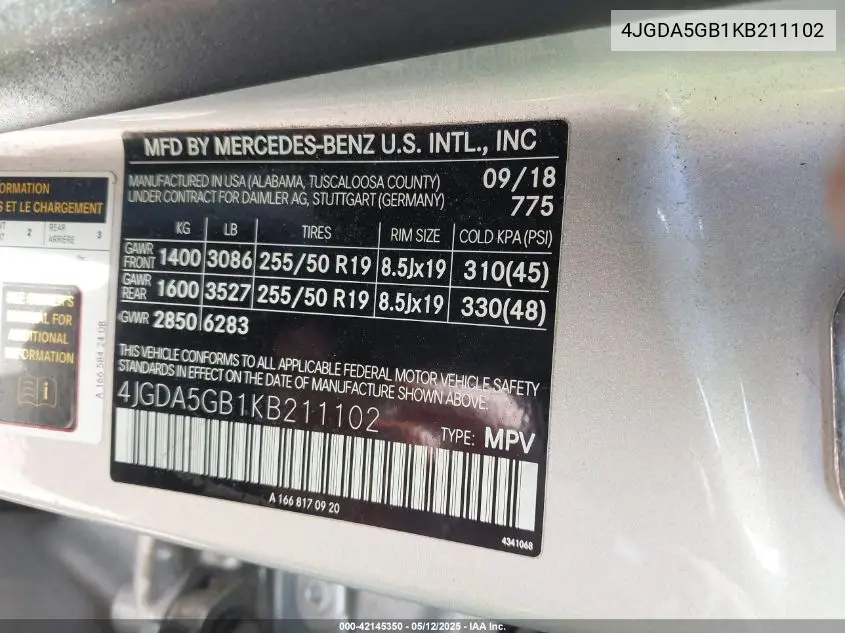 2019 Mercedes-Benz Gle 400 4Matic VIN: 4JGDA5GB1KB211102 Lot: 42145350