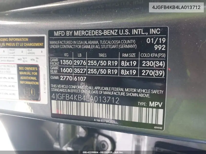 2020 Mercedes-Benz Gle 350 4Matic VIN: 4JGFB4KB4LA013712 Lot: 42259904