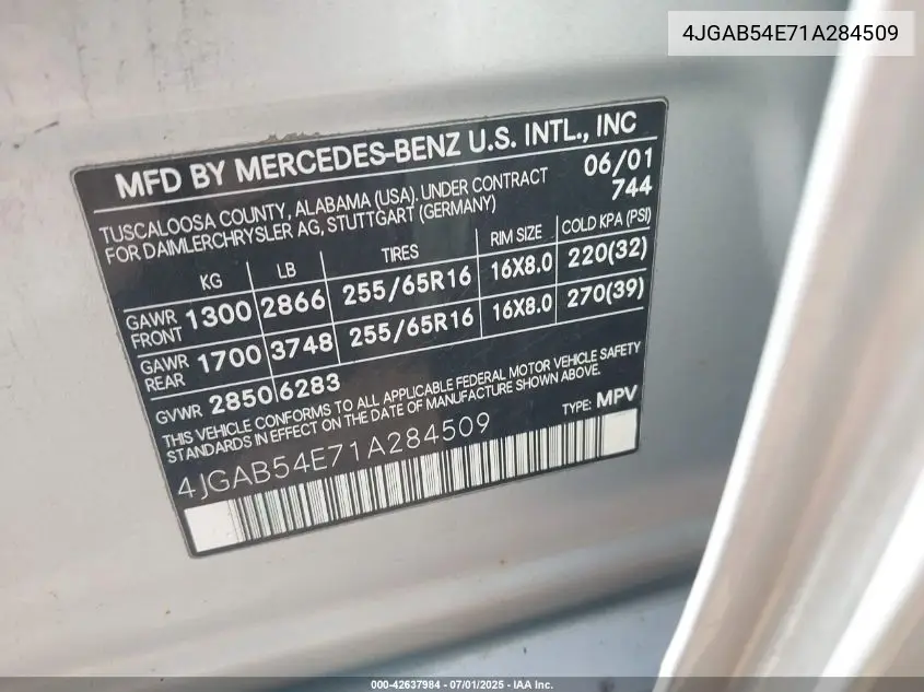 2001 Mercedes-Benz Ml 320 VIN: 4JGAB54E71A284509 Lot: 42637984