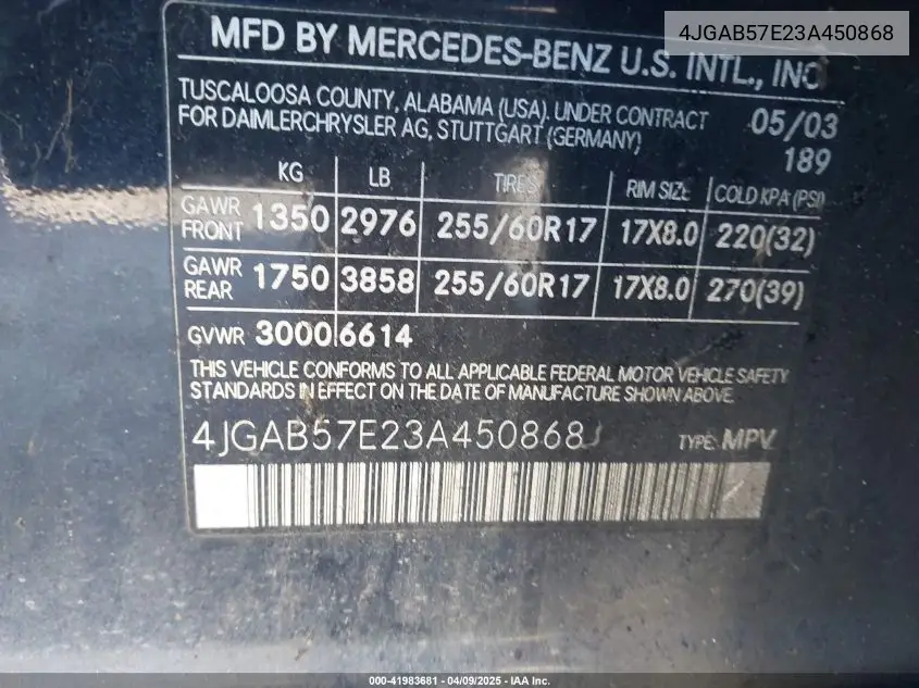 2003 Mercedes-Benz Ml 350 VIN: 4JGAB57E23A450868 Lot: 41983681