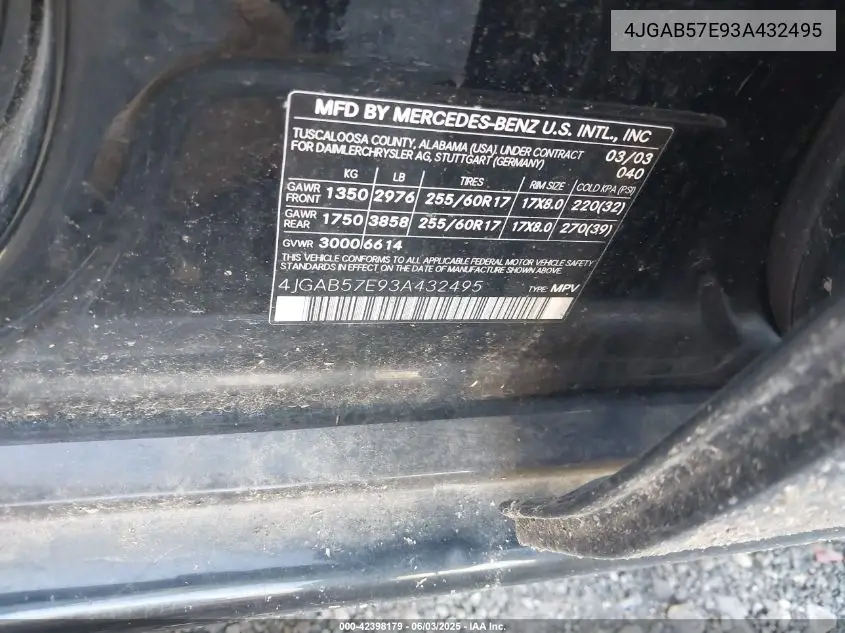2003 Mercedes-Benz Ml 350 VIN: 4JGAB57E93A432495 Lot: 42398179