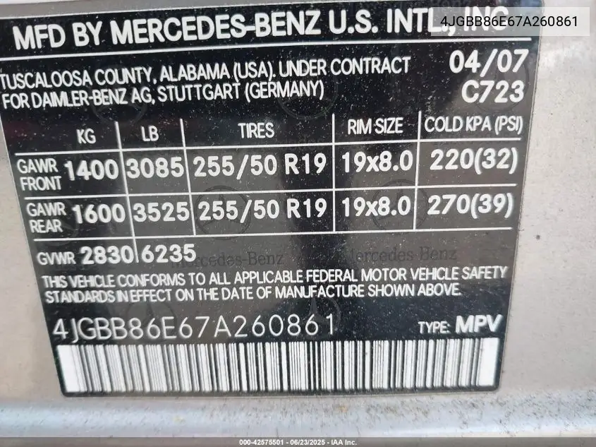 2007 Mercedes-Benz Ml 350 4Matic VIN: 4JGBB86E67A260861 Lot: 42575501