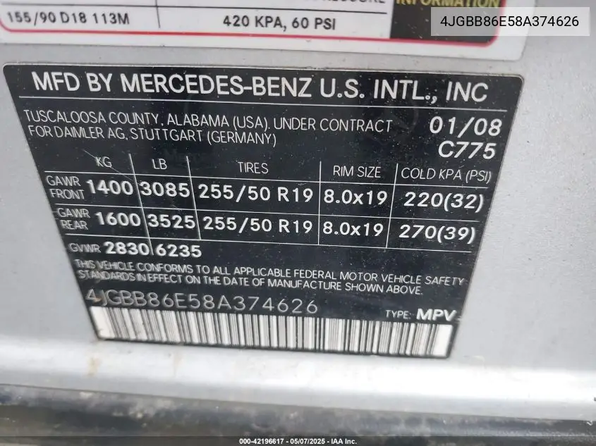 2008 Mercedes-Benz Ml 350 4Matic VIN: 4JGBB86E58A374626 Lot: 42196617