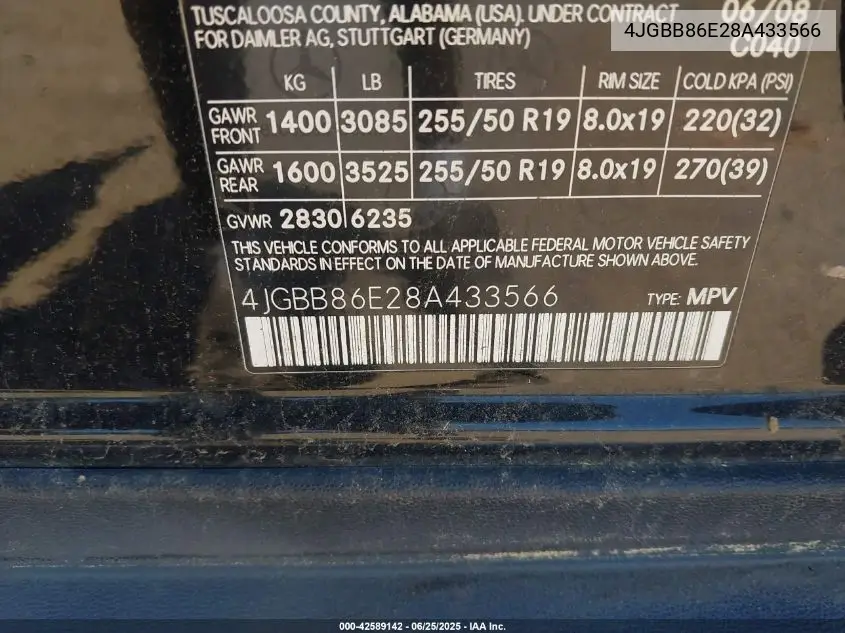 2008 Mercedes-Benz Ml 350 4Matic VIN: 4JGBB86E28A433566 Lot: 42589142