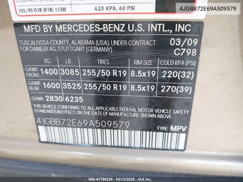 2009 Mercedes-Benz Ml 550 4Matic VIN: 4JGBB72E69A509579 Lot: 41798239