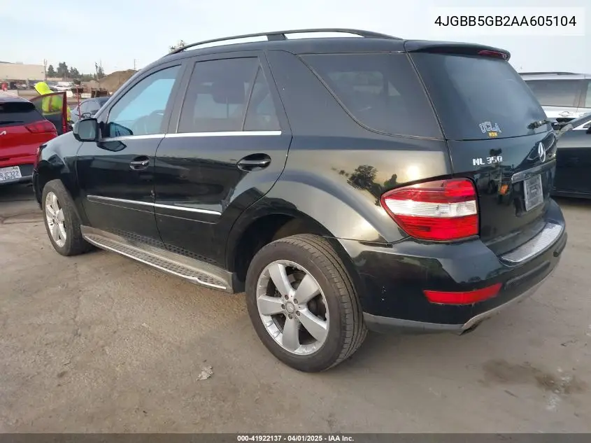 2010 Mercedes-Benz Ml 350 VIN: 4JGBB5GB2AA605104 Lot: 41922137