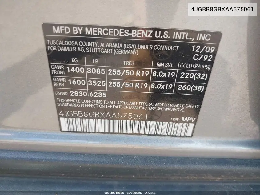 2010 Mercedes-Benz Ml 350 4Matic VIN: 4JGBB8GBXAA575061 Lot: 42212656