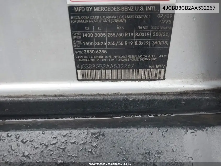 2010 Mercedes-Benz Ml 350 4Matic VIN: 4JGBB8GB2AA532267 Lot: 42239803