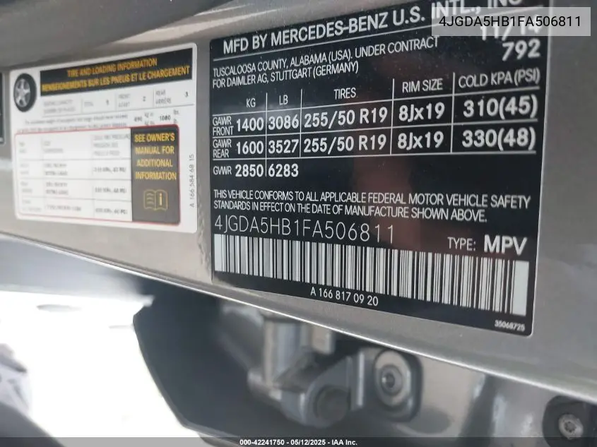 2015 Mercedes-Benz Ml 350 4Matic VIN: 4JGDA5HB1FA506811 Lot: 42241750