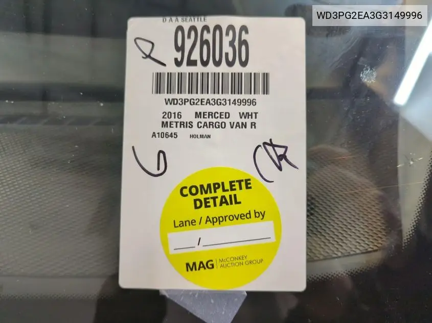2016 Mercedes-Benz Metris VIN: WD3PG2EA3G3149996 Lot: 42262649