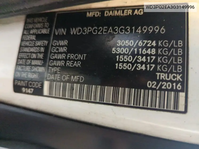 2016 Mercedes-Benz Metris VIN: WD3PG2EA3G3149996 Lot: 42262649