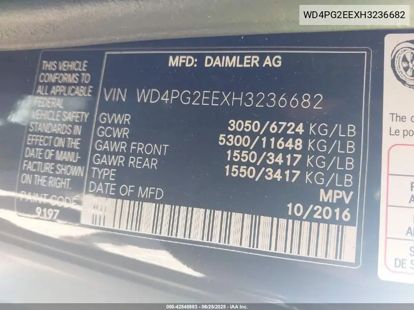 2017 Mercedes-Benz Metris VIN: WD4PG2EEXH3236682 Lot: 42548883