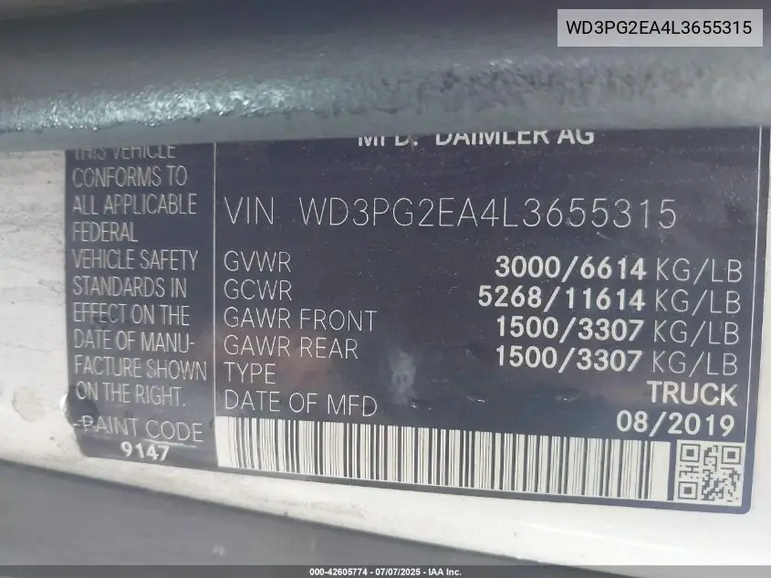 2020 Mercedes-Benz Metris VIN: WD3PG2EA4L3655315 Lot: 42605774