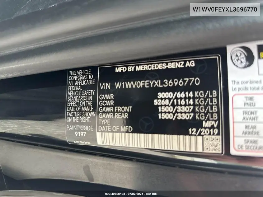 2020 Mercedes-Benz Metris VIN: W1WV0FEYXL3696770 Lot: 42665135