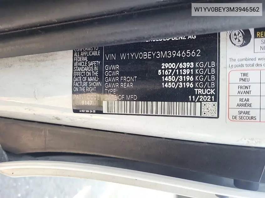 2021 Mercedes-Benz Metris VIN: W1YV0BEY3M3946562 Lot: 42666685