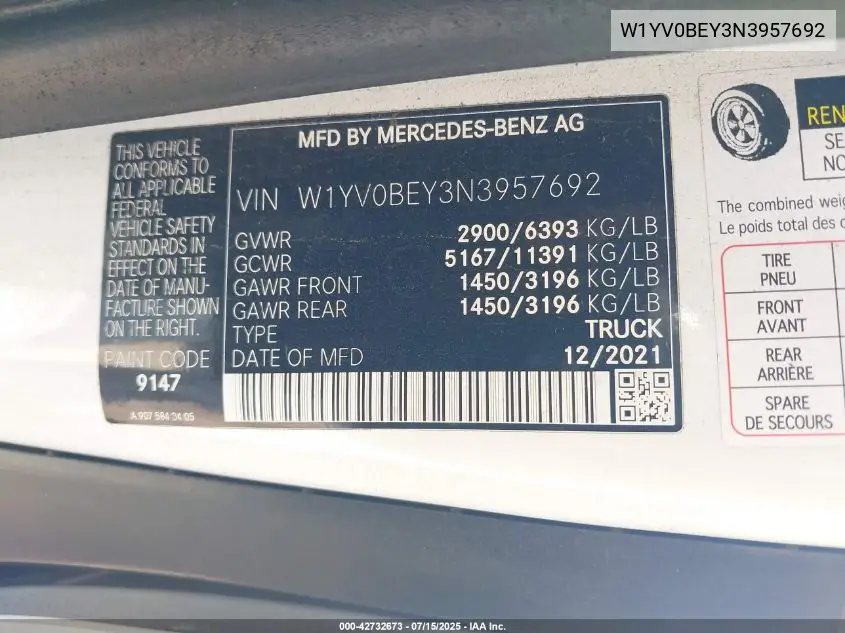 2022 Mercedes-Benz Metris VIN: W1YV0BEY3N3957692 Lot: 42732673