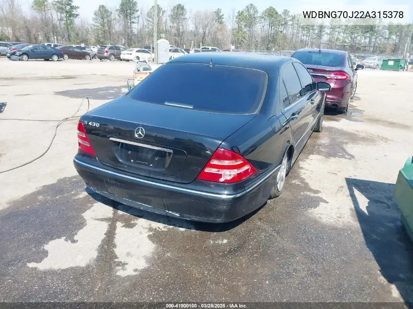 2002 Mercedes-Benz S 430 VIN: WDBNG70J22A315378 Lot: 41900100