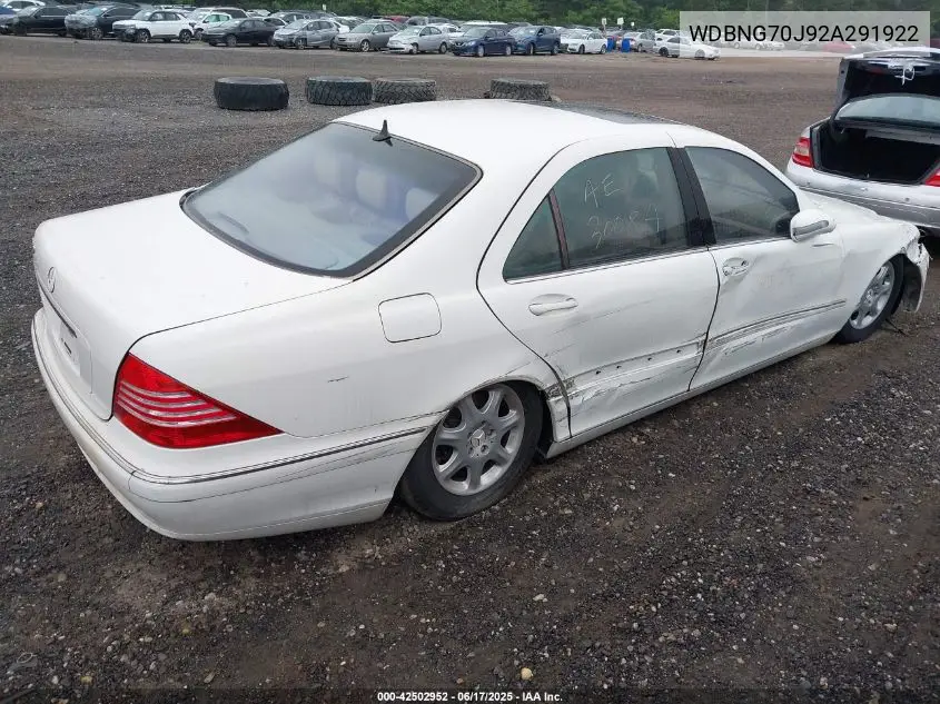 2002 Mercedes-Benz S 430 VIN: WDBNG70J92A291922 Lot: 42502952