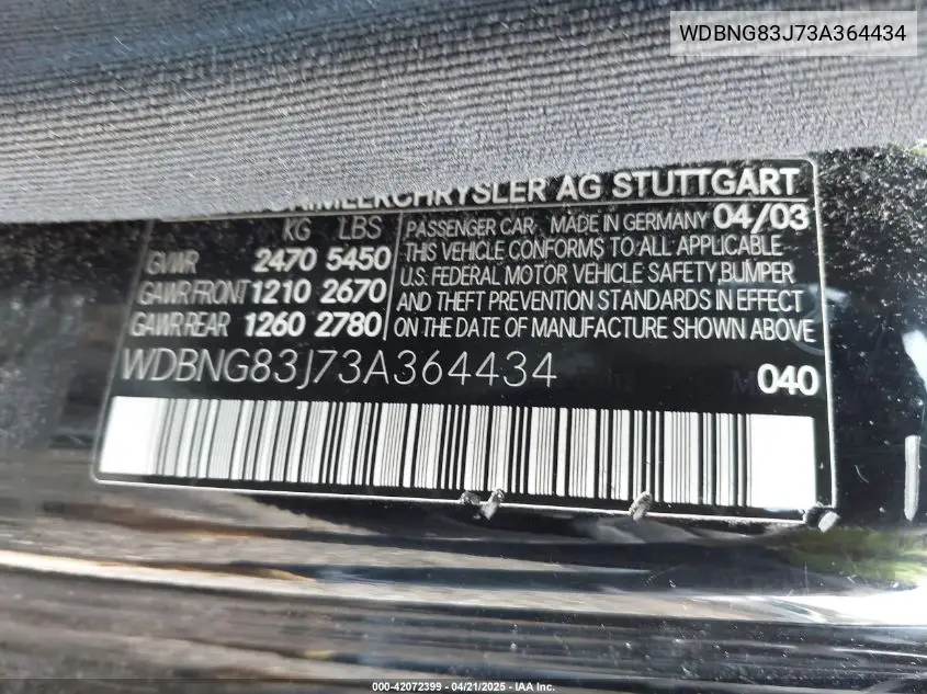 2003 Mercedes-Benz S 430 VIN: WDBNG83J73A364434 Lot: 42072399