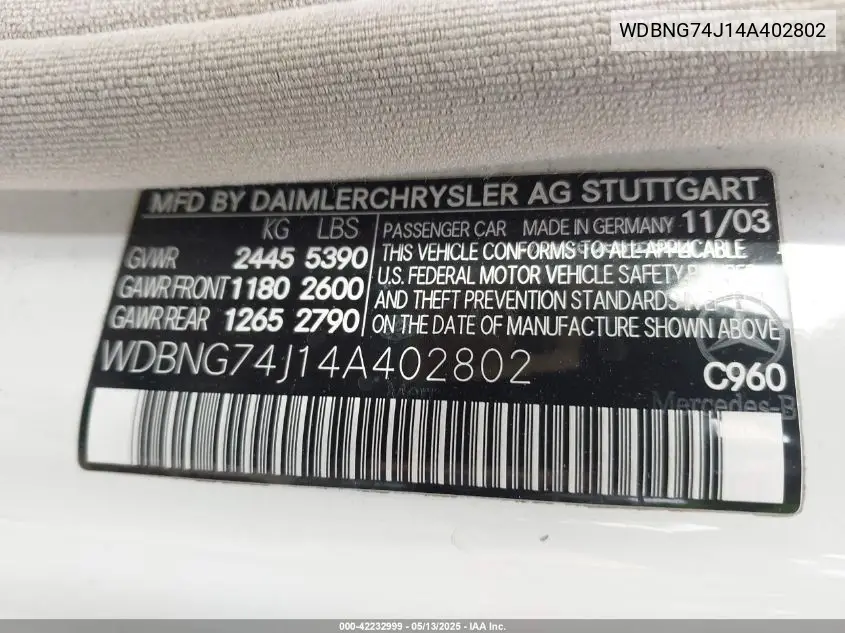 2004 Mercedes-Benz S 55 Amg VIN: WDBNG74J14A402802 Lot: 42232999