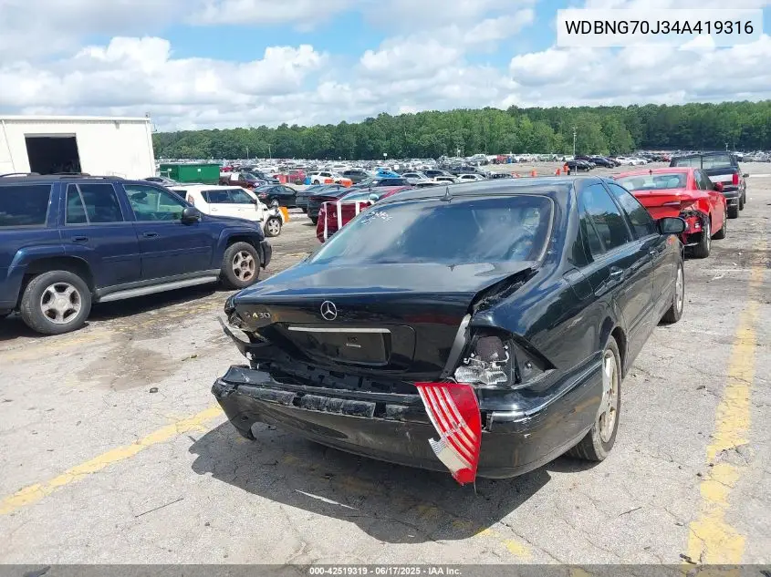 2004 Mercedes-Benz S 430 VIN: WDBNG70J34A419316 Lot: 42519319