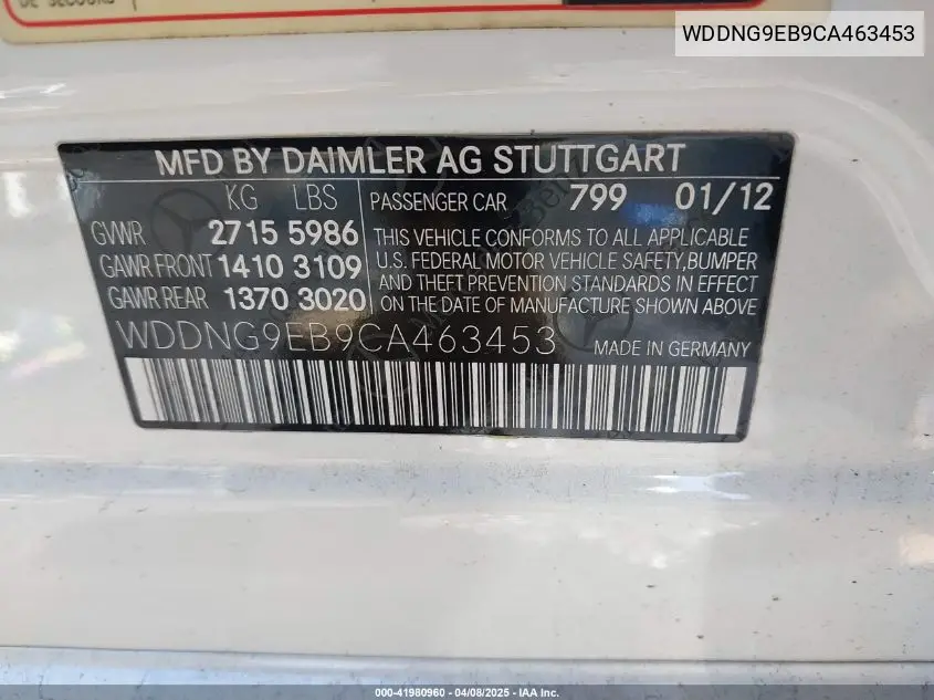 2012 Mercedes-Benz S 550 4Matic VIN: WDDNG9EB9CA463453 Lot: 41980960