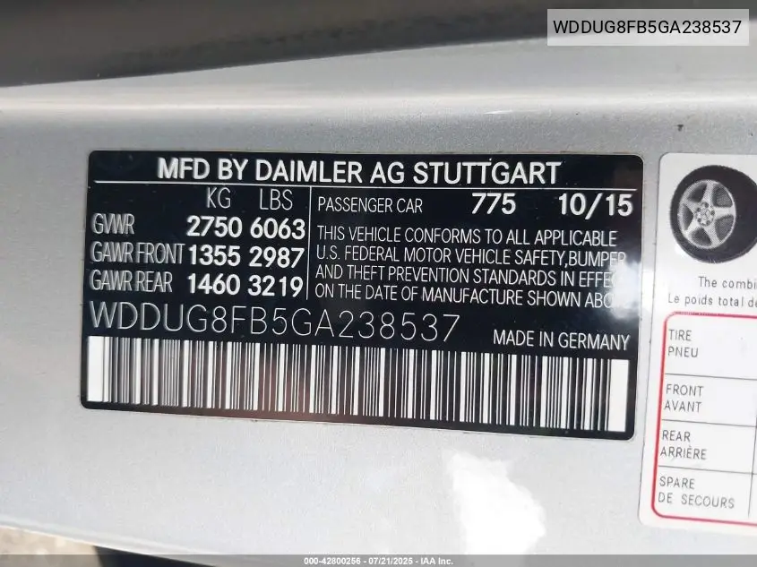 2016 Mercedes-Benz S 550 4Matic VIN: WDDUG8FB5GA238537 Lot: 42800256