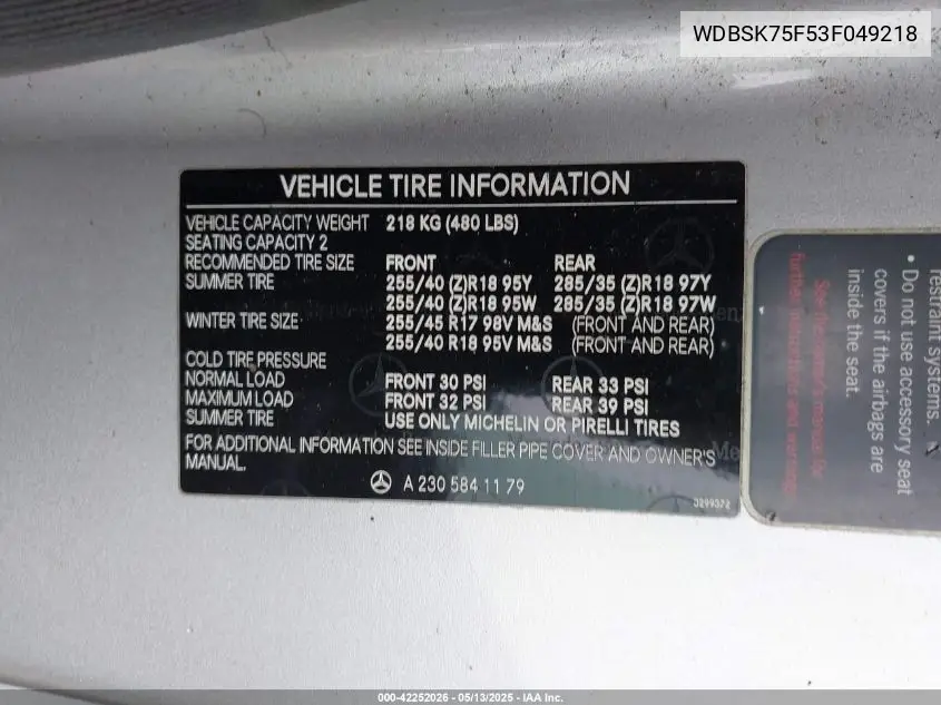 2003 Mercedes-Benz Sl 500 VIN: WDBSK75F53F049218 Lot: 42252026