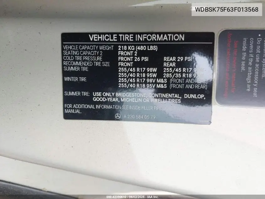 2003 Mercedes-Benz Sl 500 VIN: WDBSK75F63F013568 Lot: 42390610