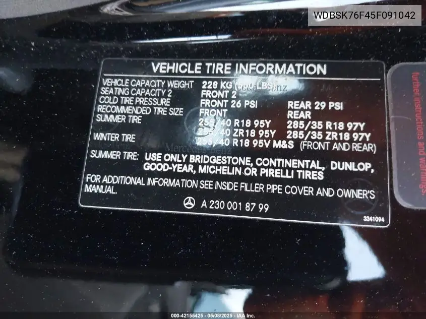2005 Mercedes-Benz Sl 600 VIN: WDBSK76F45F091042 Lot: 42155425