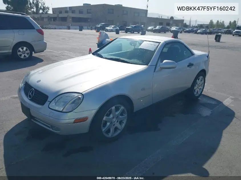 2000 Mercedes-Benz Slk 230 Kompressor VIN: WDBKK47F5YF160242 Lot: 42549078