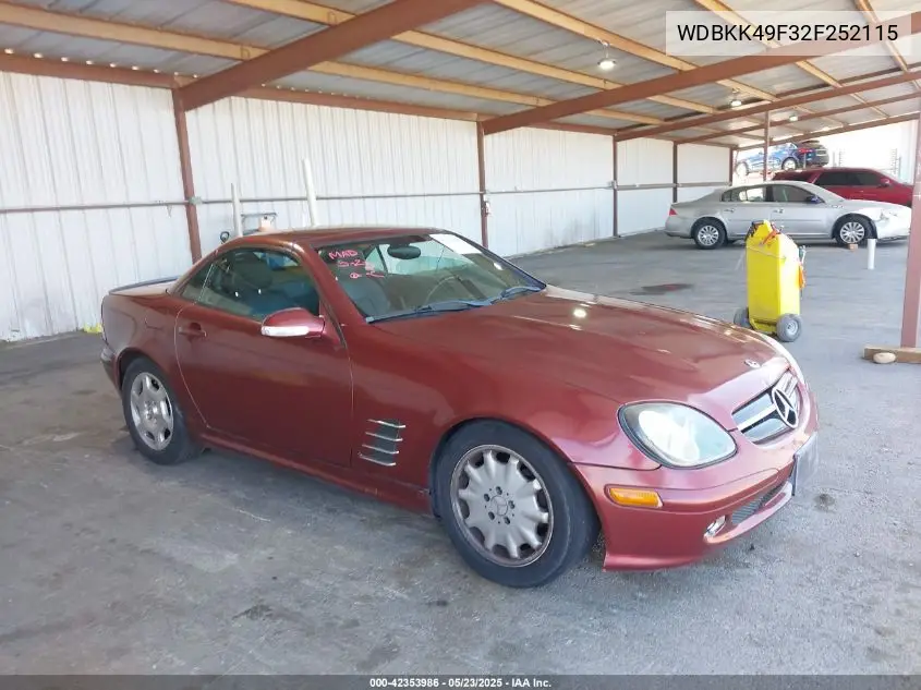 2002 Mercedes-Benz Slk 230 Kompressor VIN: WDBKK49F32F252115 Lot: 42353986