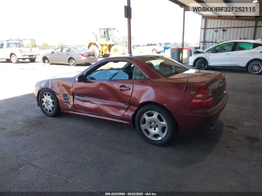 2002 Mercedes-Benz Slk 230 Kompressor VIN: WDBKK49F32F252115 Lot: 42353986