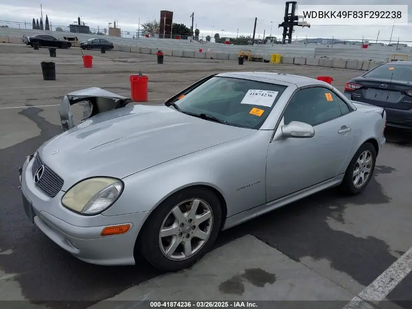 2003 Mercedes-Benz Slk 230 Kompressor VIN: WDBKK49F83F292238 Lot: 41874236