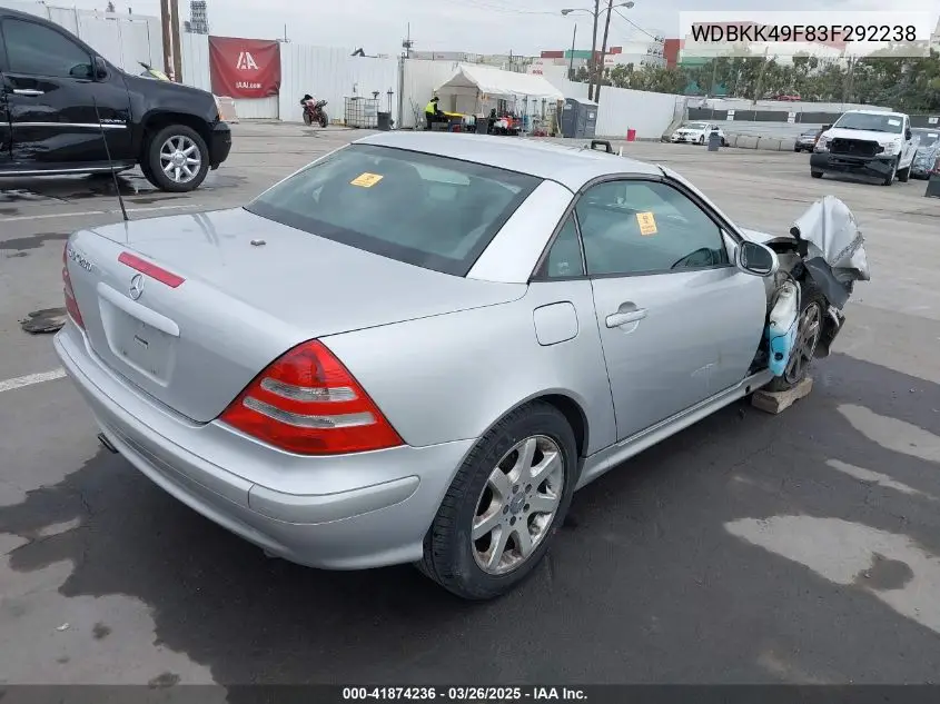 2003 Mercedes-Benz Slk 230 Kompressor VIN: WDBKK49F83F292238 Lot: 41874236