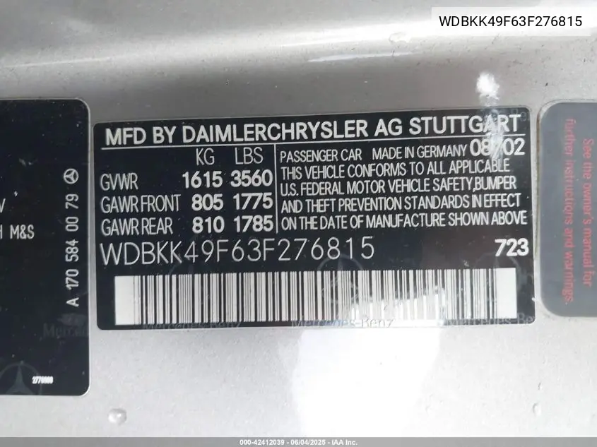 2003 Mercedes-Benz Slk 230 Kompressor VIN: WDBKK49F63F276815 Lot: 42412039