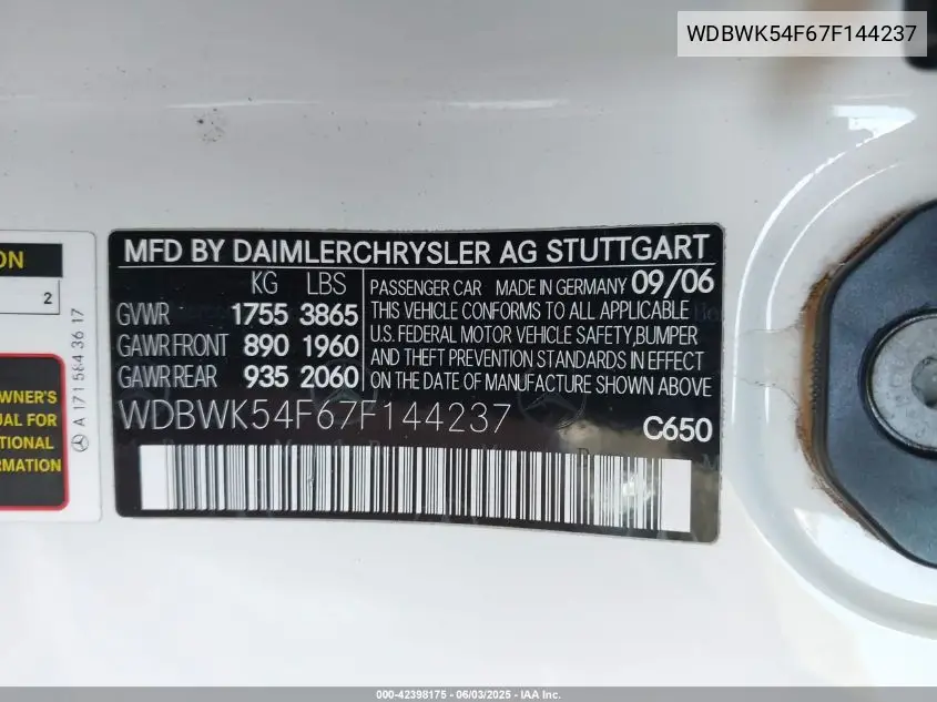 2007 Mercedes-Benz Slk 280 VIN: WDBWK54F67F144237 Lot: 42398175