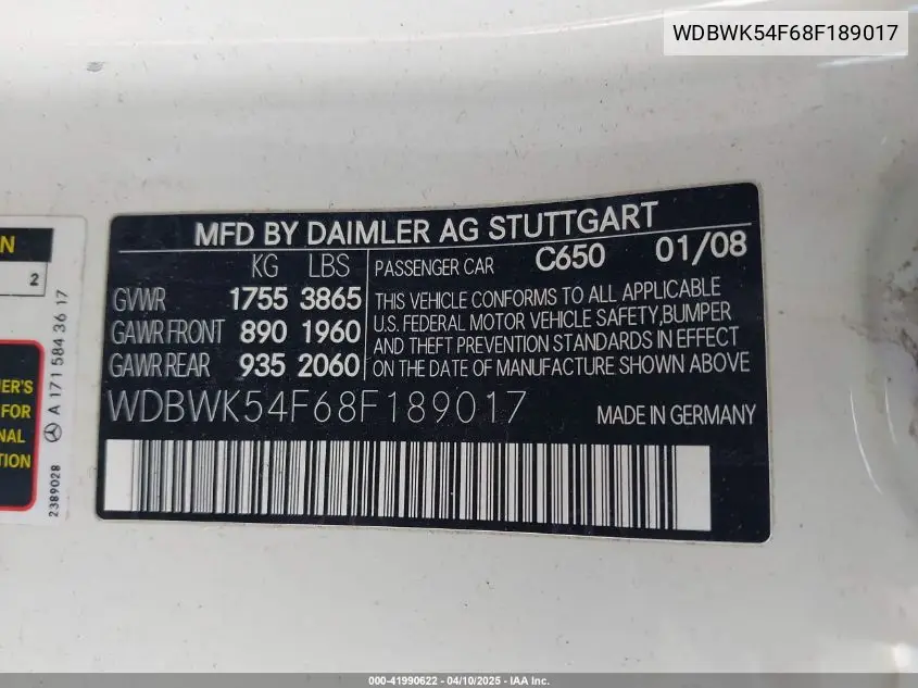 2008 Mercedes-Benz Slk 280 VIN: WDBWK54F68F189017 Lot: 41990622