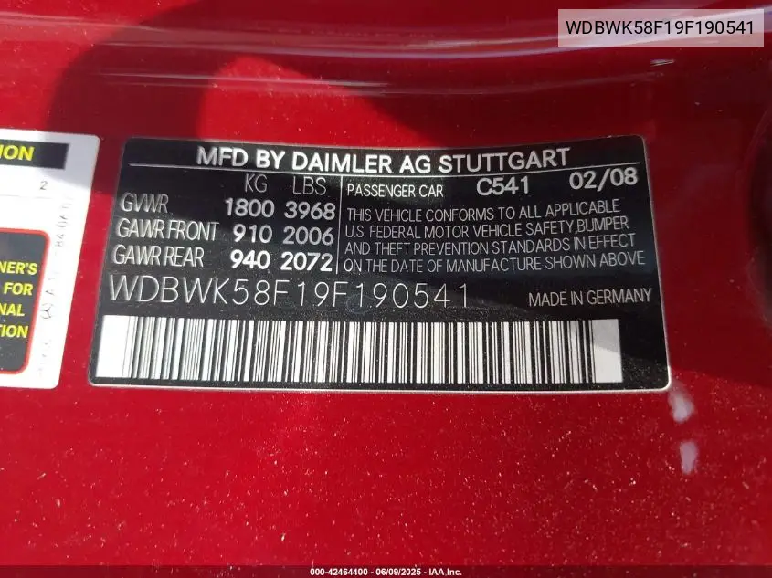 2009 Mercedes-Benz Slk 350 VIN: WDBWK58F19F190541 Lot: 42464400