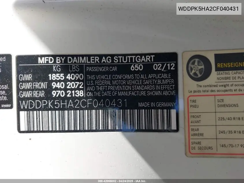 2012 Mercedes-Benz Slk 350 VIN: WDDPK5HA2CF040431 Lot: 42066002