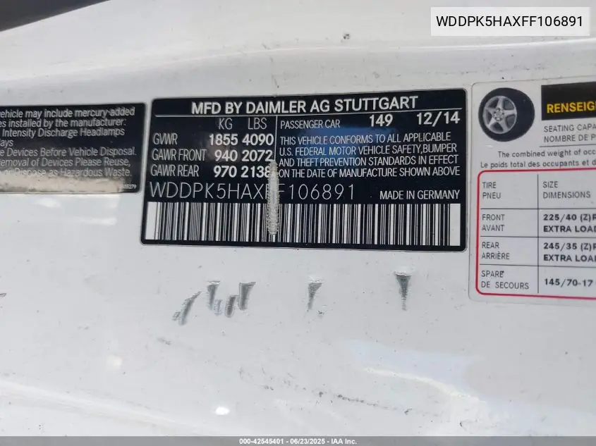 2015 Mercedes-Benz Slk 350 VIN: WDDPK5HAXFF106891 Lot: 42545401