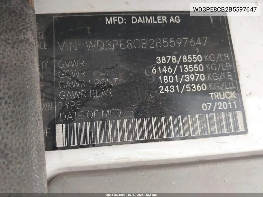 2011 Mercedes-Benz Sprinter 2500 High Roof VIN: WD3PE8CB2B5597647 Lot: 42634208