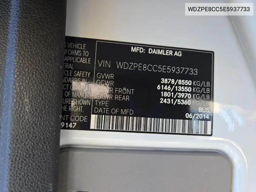 2014 Mercedes-Benz Sprinter 2500 High Roof VIN: WDZPE8CC5E5937733 Lot: 42615695