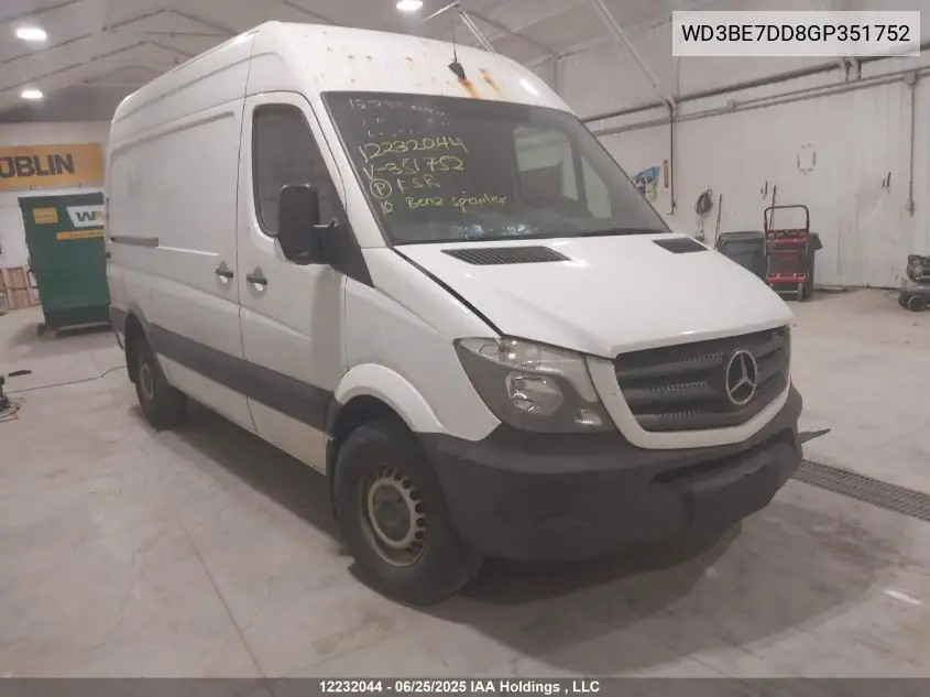 2016 Mercedes-Benz Sprinter 2500 Standard Roof VIN: WD3BE7DD8GP351752 Lot: 12232044