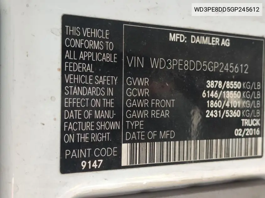 2016 Mercedes-Benz Sprinter 2500 VIN: WD3PE8DD5GP245612 Lot: 42263220