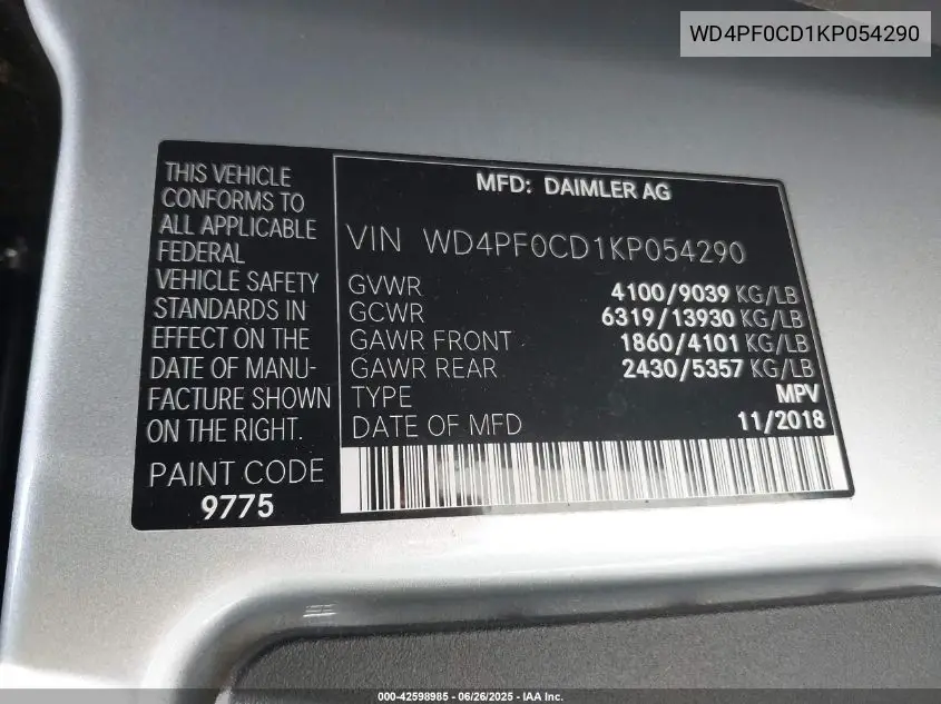2019 Mercedes-Benz Sprinter 2500 High Roof V6/Standard Roof V6 VIN: WD4PF0CD1KP054290 Lot: 42598985