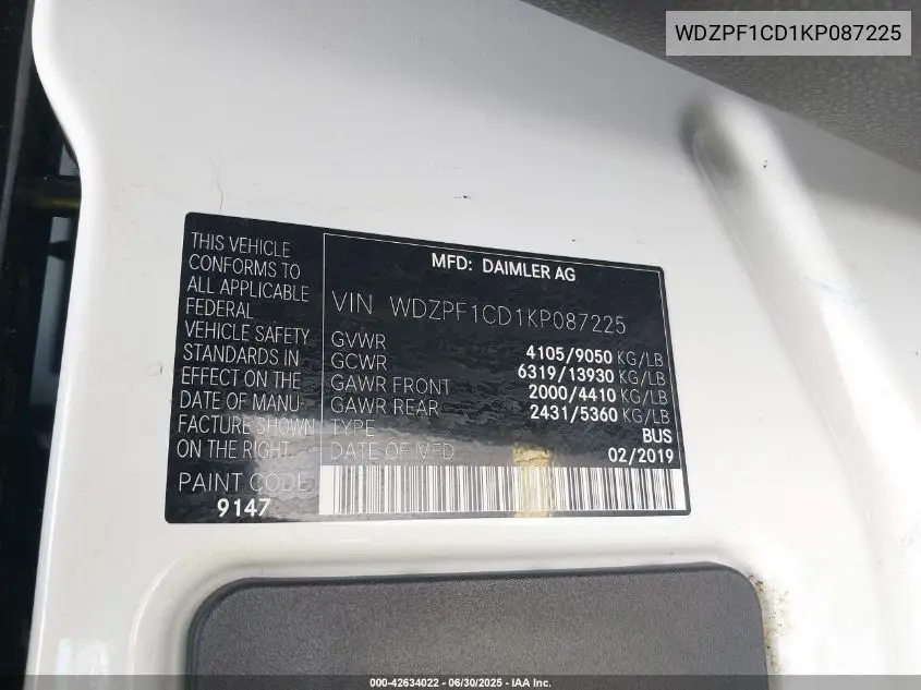 2019 Mercedes-Benz Sprinter 2500 High Roof V6 VIN: WDZPF1CD1KP087225 Lot: 42634022