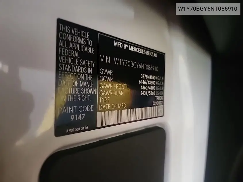 2022 Mercedes-Benz Sprinter 1500 VIN: W1Y70BGY6NT086910 Lot: 42613119