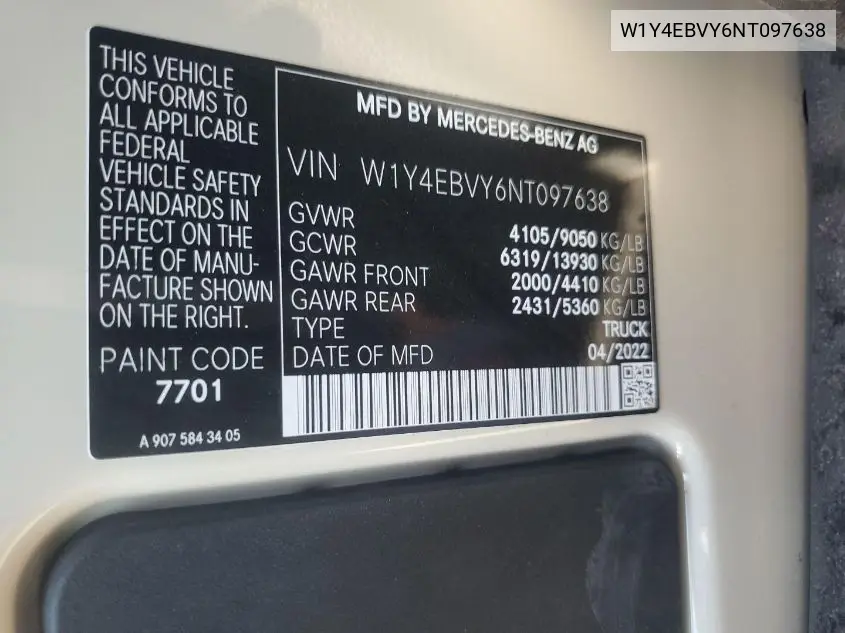 2022 Mercedes-Benz Sprinter 2500 VIN: W1Y4EBVY6NT097638 Lot: 42615406